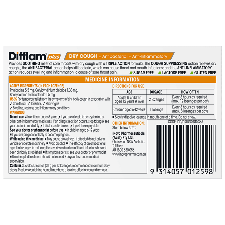 Difflam Plus Dry Cough Relief Sore Throat Lozenges Pineapple & Lime Flavour 24