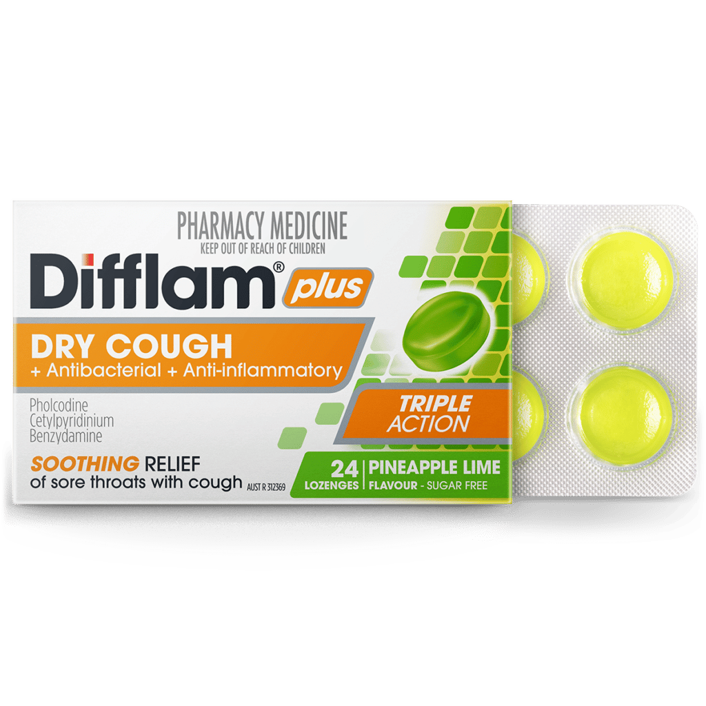 Difflam Plus Dry Cough Relief Sore Throat Lozenges Pineapple & Lime Flavour 24