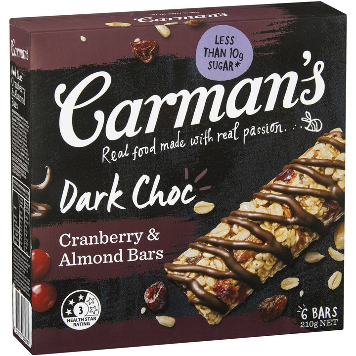 Carman's Nut Bars: Dark Choc Cranberry & Almond (6 Bars) | Carman's Kitchen