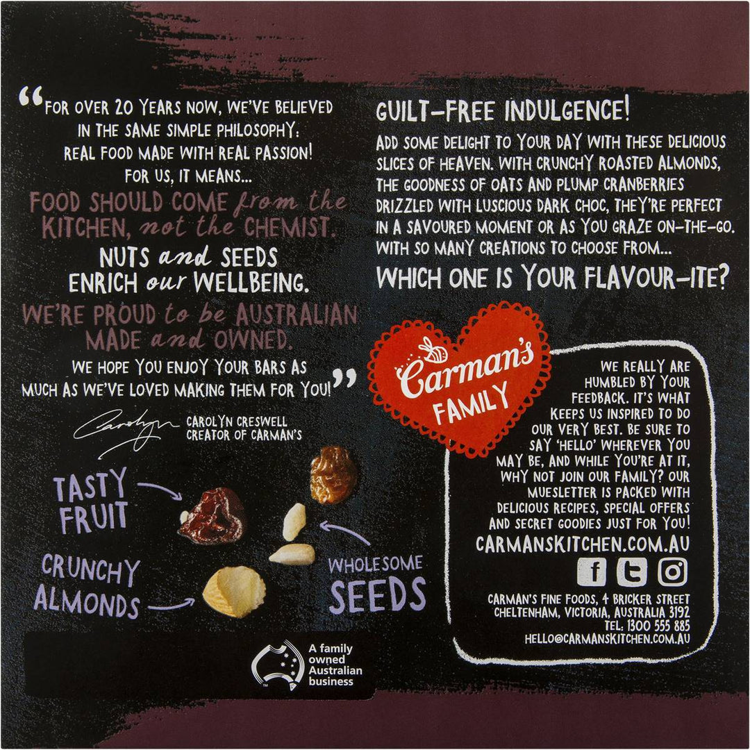 Carman's Nut Bars: Dark Choc Cranberry & Almond (6 Bars) | Carman's Kitchen