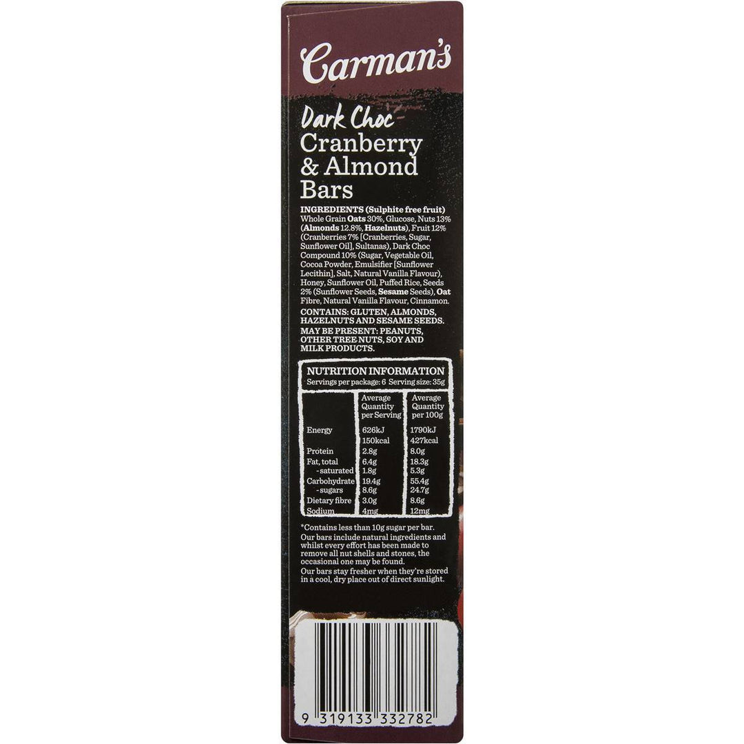 Carman's Nut Bars: Dark Choc Cranberry & Almond (6 Bars) | Carman's Kitchen
