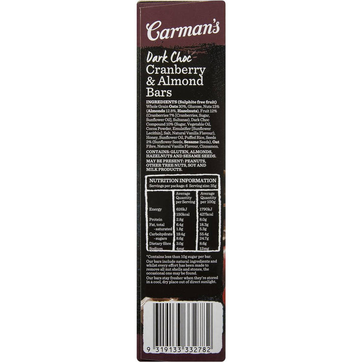 Carman's Nut Bars: Dark Choc Cranberry & Almond (6 Bars) | Carman's Kitchen