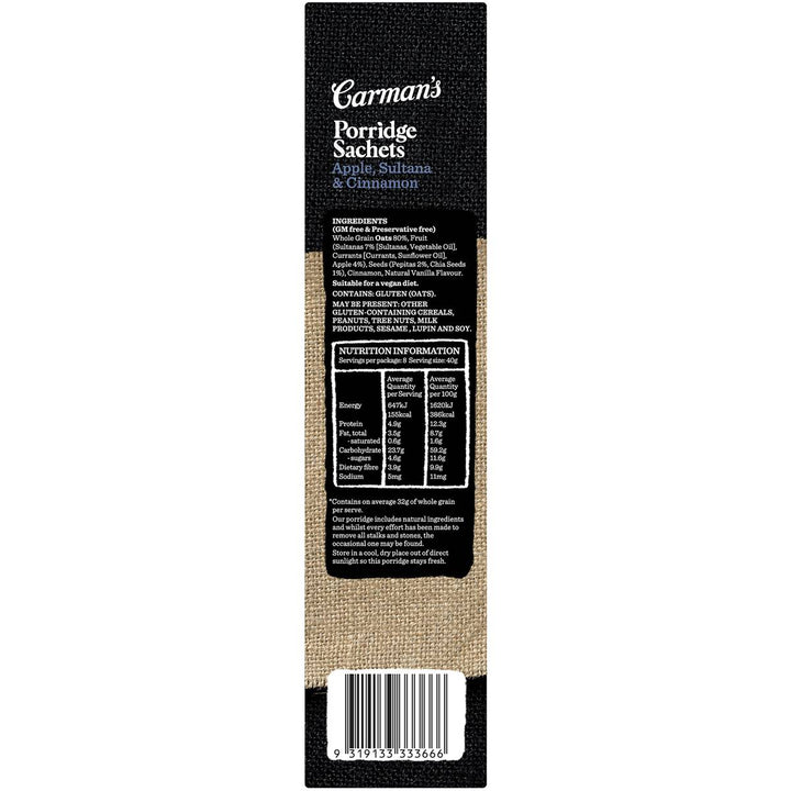 Carman's Porridge Sachets (No Added Sugar): Apple Sultana & Cinnamon 320g