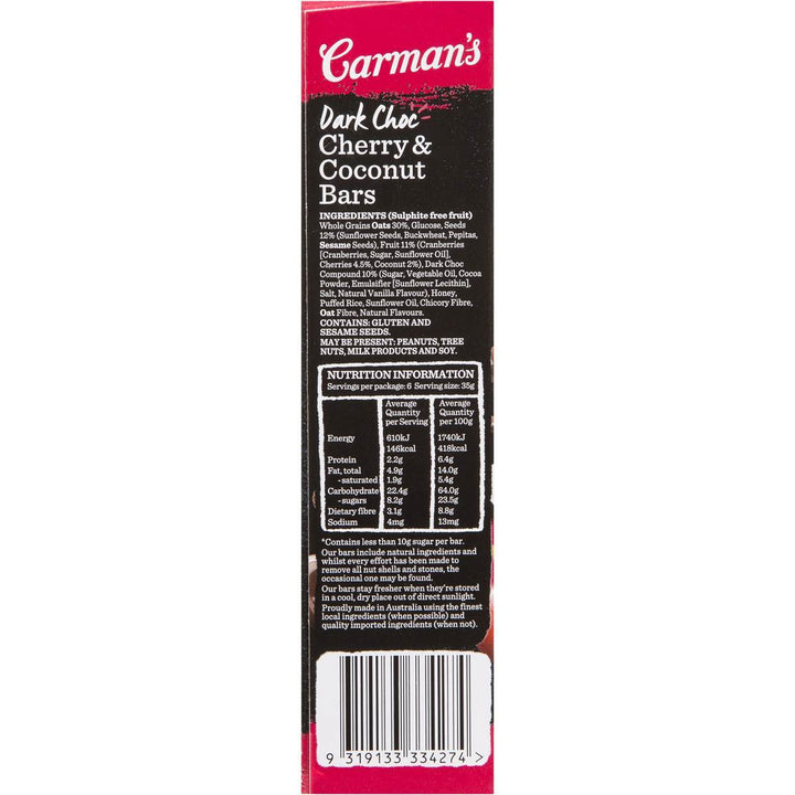Carman's Nut Bars: Dark Choc Cherry Coconut (6 Bars) | Carman's Kitchen