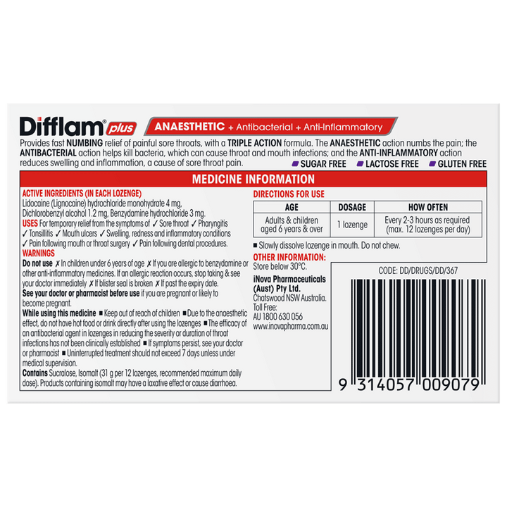 Difflam Plus Anaesthetic Sore Throat Lozenges Blackcurrant Flavour 16