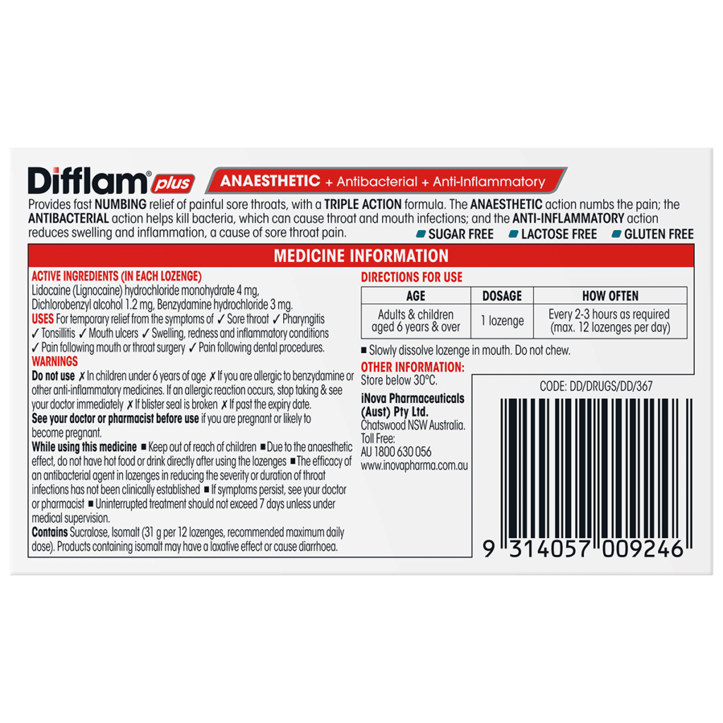 Difflam Plus Anaesthetic Sore Throat Lozenges Eucalyptus & Menthol Flavour 16