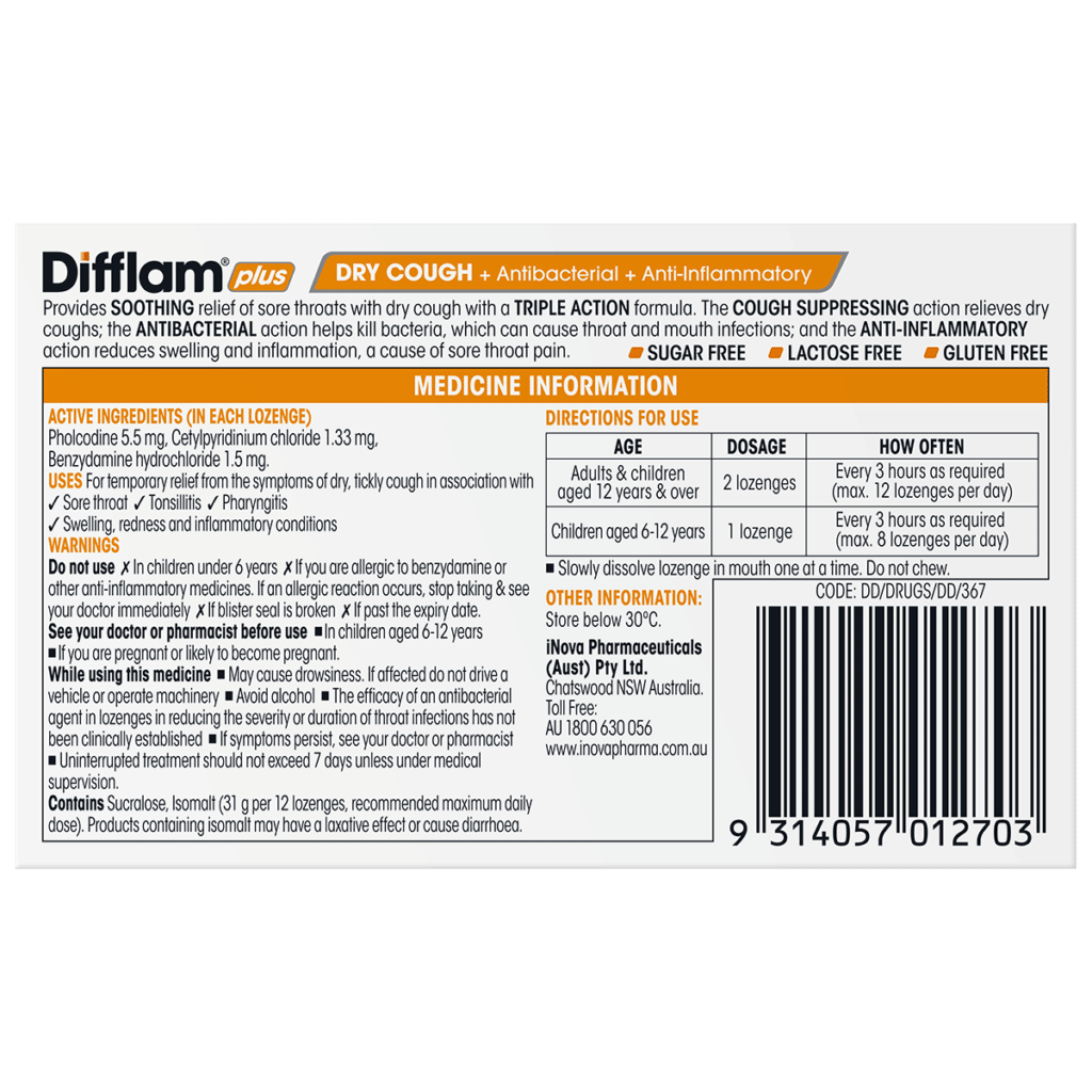 Difflam Plus Dry Cough Relief Sore Throat Lozenges Honey, Lemon & Ginger Flavour 24