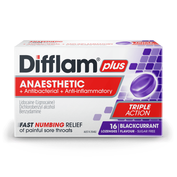 Difflam Plus Anaesthetic Sore Throat Lozenges Blackcurrant Flavour 16
