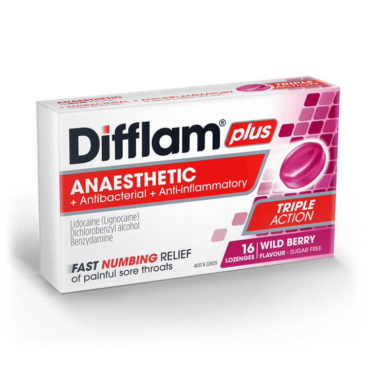 Difflam Plus Anaesthetic Sore Throat Lozenges Wild Berry Flavour 16