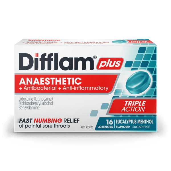 Difflam Plus Anaesthetic Sore Throat Lozenges Eucalyptus & Menthol Flavour 16