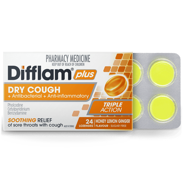 Difflam Plus Dry Cough Relief Sore Throat Lozenges Honey, Lemon & Ginger Flavour 24