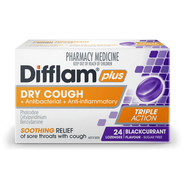 Difflam Plus Dry Cough Relief Sore Throat Lozenges Blackcurrant Flavour 24