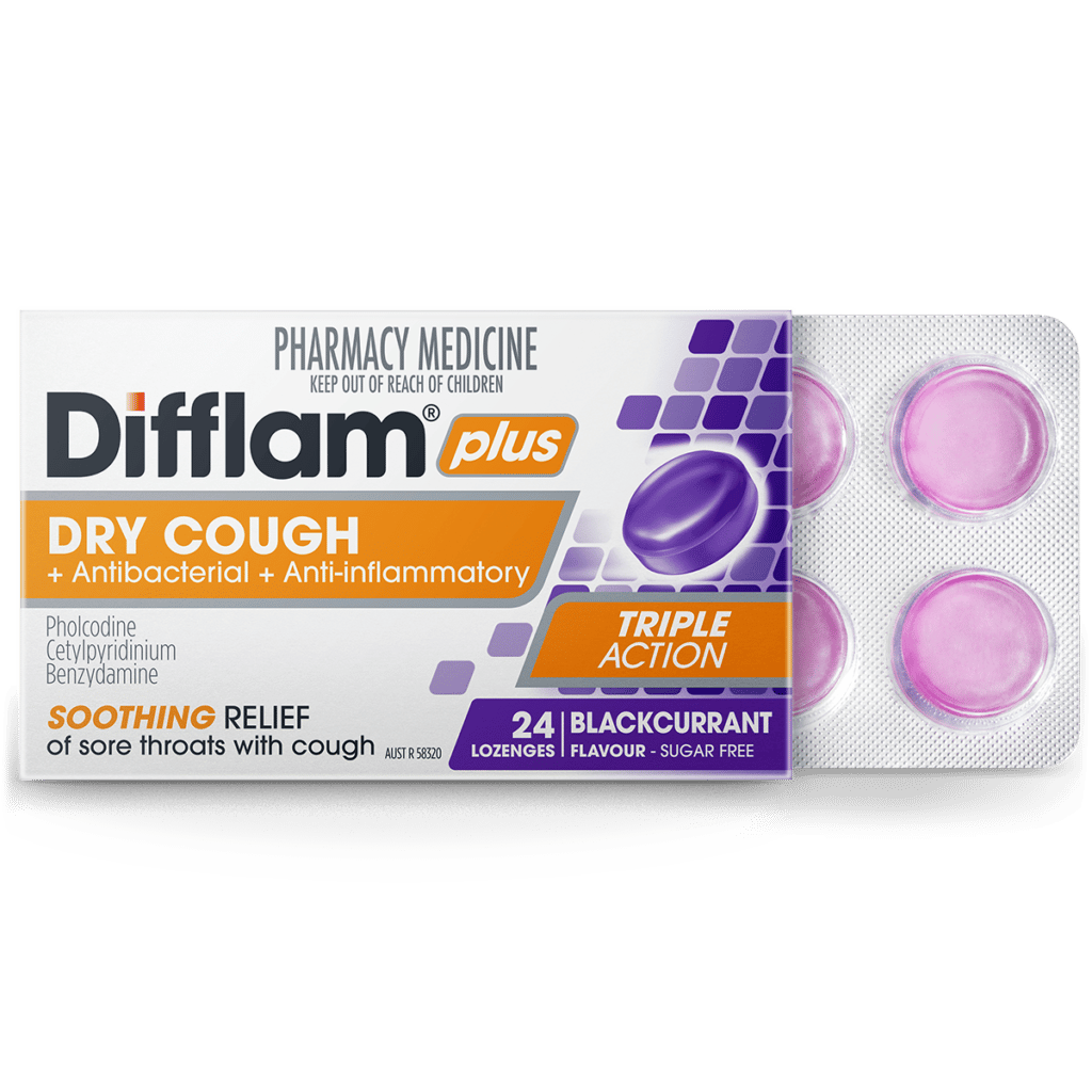 Difflam Plus Dry Cough Relief Sore Throat Lozenges Blackcurrant Flavour 24