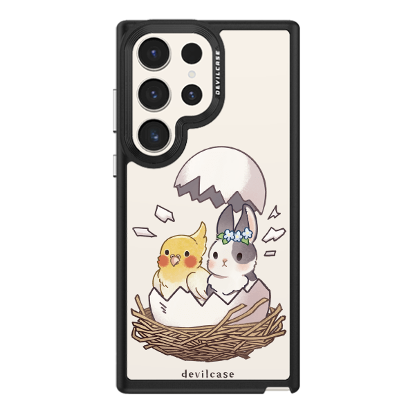 彩繪手機殼 - 兔子與鸚鵡破殼 | 惡魔防摔殼(標準版): 黑色