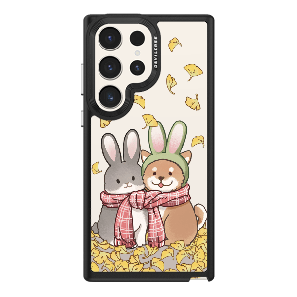 彩繪手機殼 - 銀杏下兔子與柴犬 | 惡魔防摔殼(標準版): 黑色